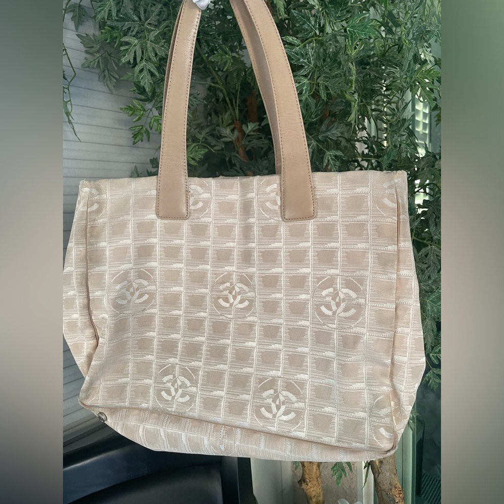 CHANEL Travel Line Shoulder Tote Bag - Nylon, Leather Handles, Cream color